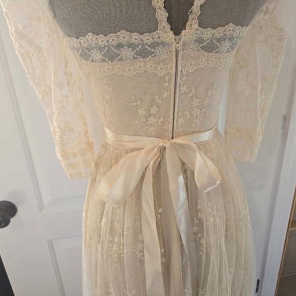 Vintage 1980s ILGWU Champagne Floral Lace High Neck Sheer Dress, SIZE S - Picture 13 of 16